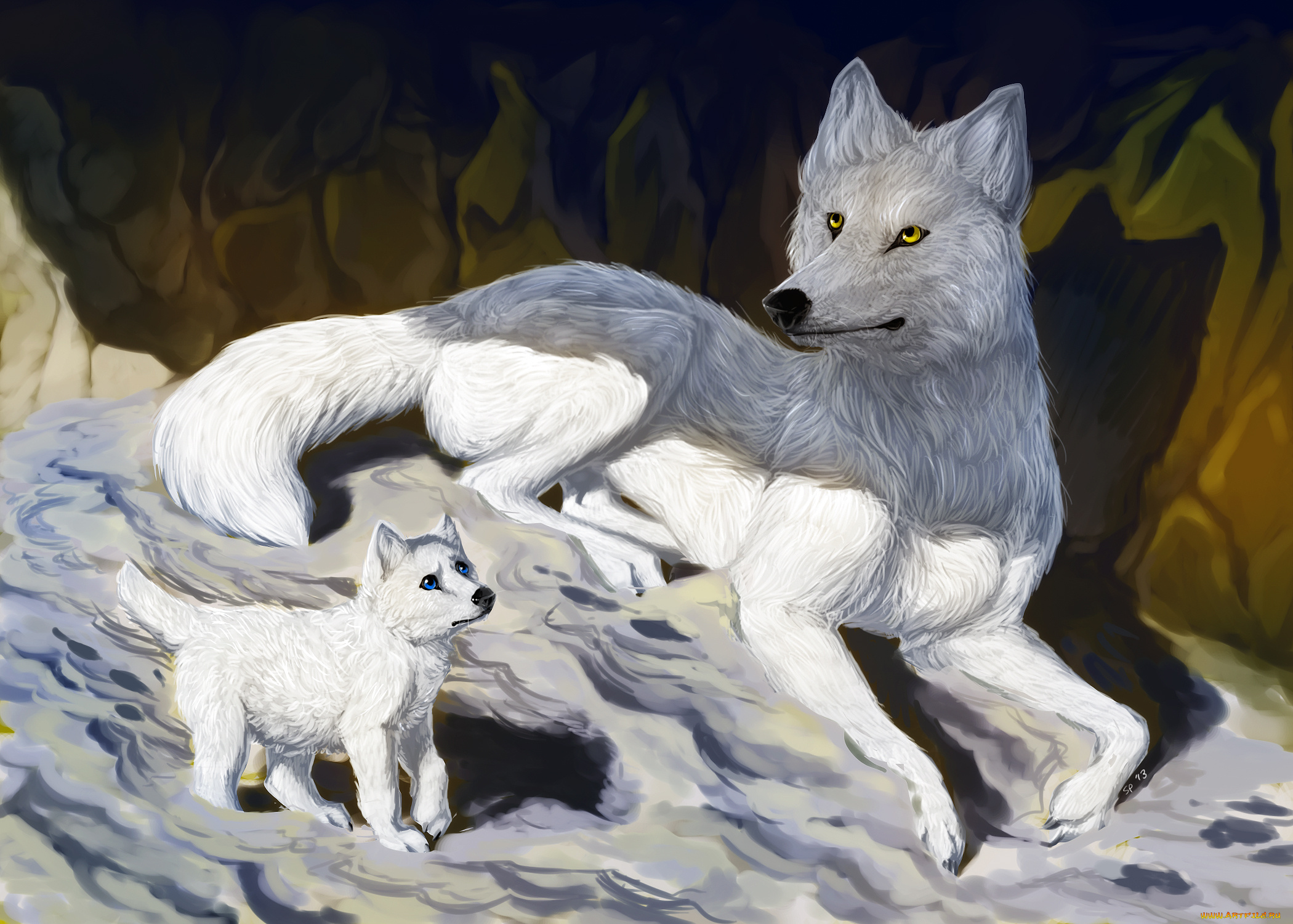 Белая волчица с волчатами