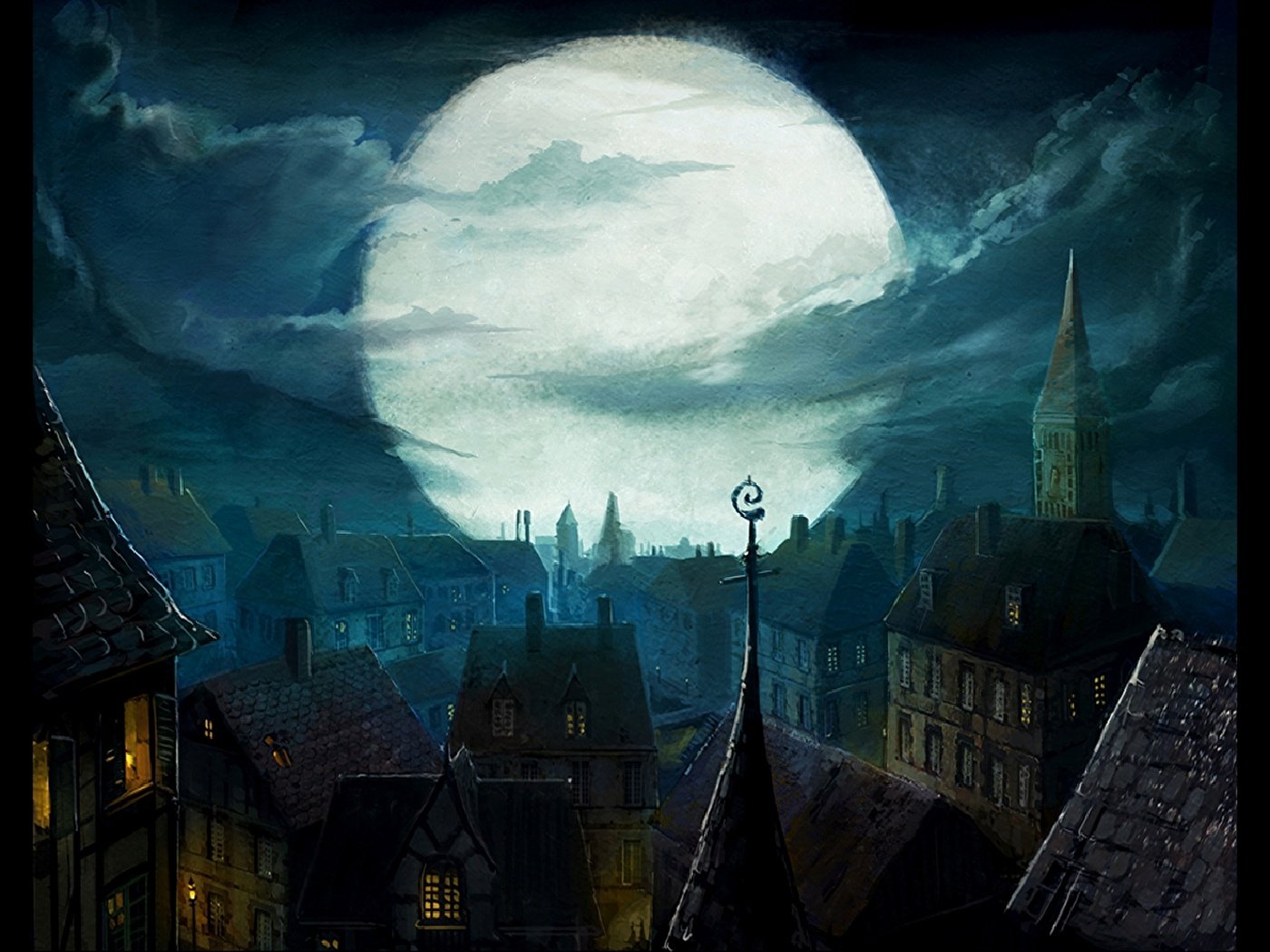 Призрачные миры. Готический пейзаж. Мрачный город фэнтези. Лунная ночь в городе. Город средневековья.