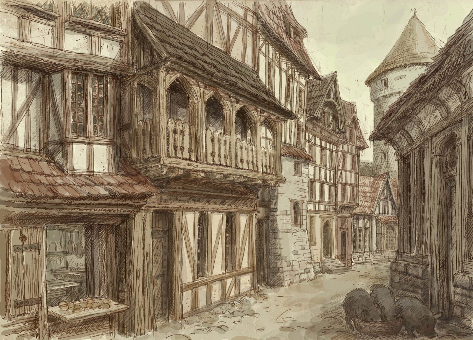 Средневековый город рисунок