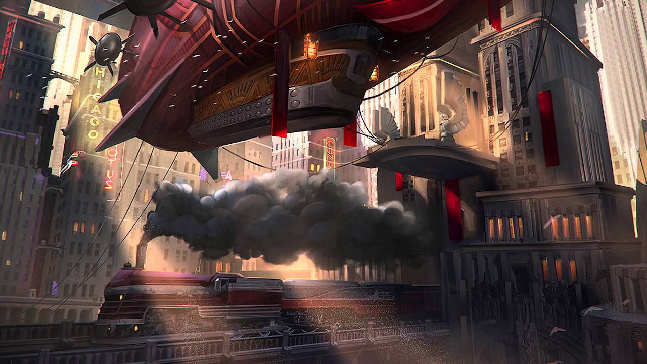 Steampunk Art город воздушные корабли