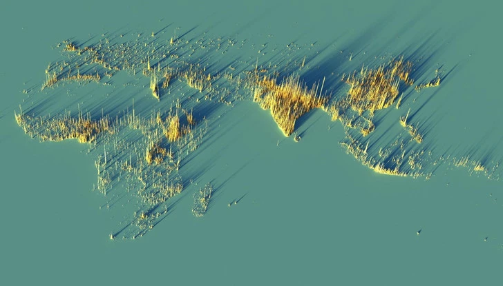 Красивые трехмерные карты мира, показывающие распределение населения Земли (14 фото)